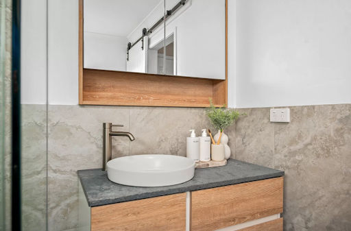 earthy tones and textures in this newcastle bathroom renovation